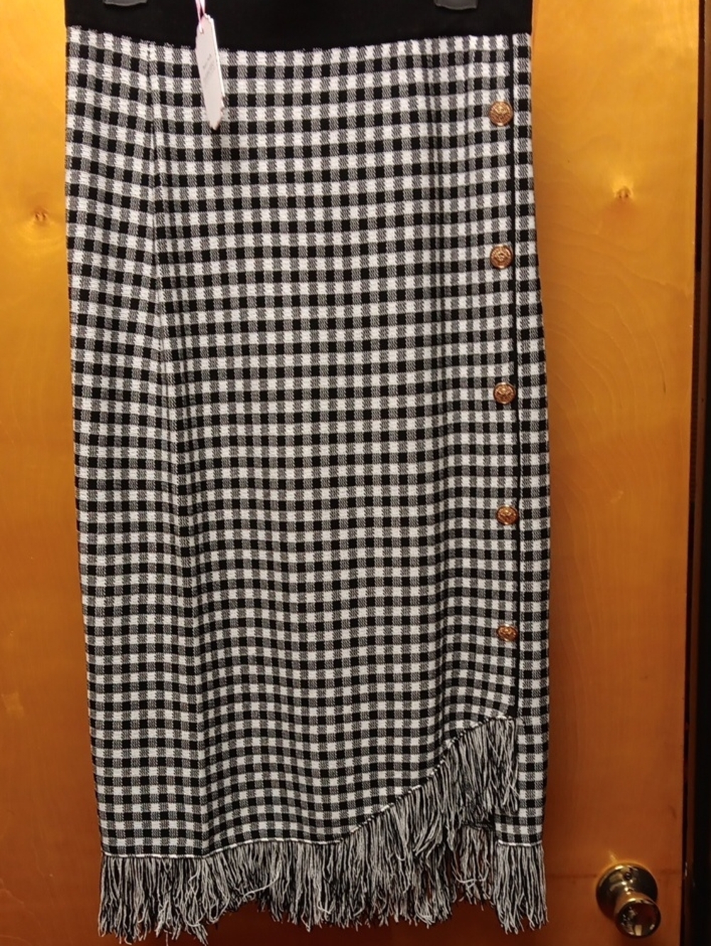 Nannette Black and White Gingham Maxi Skirt with Fringe and Button Accents